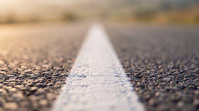 Macro low angle view of a solid white lane divider line on a coarse asphalt road surface stretching toward a blurred horizon, symbolizing direction, transport, and the open road journey.