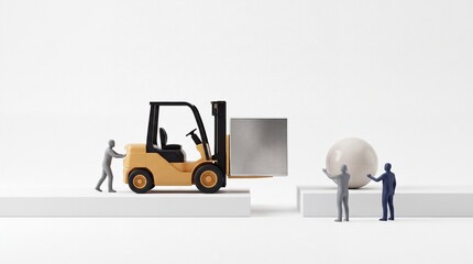 Fototapeta premium Miniature Figurines and a Yellow Forklift Working Together to Move a Large Metallic Cube Between Platforms, Representing Core Logistics Concepts, Bulk Data Handling, and Business Solution Metaphor