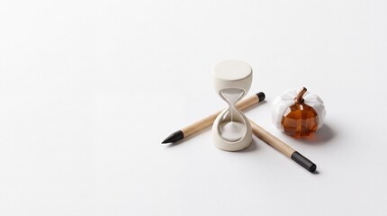 Fototapeta premium Conceptual minimalist still life featuring a modern white hourglass resting on wooden pencils next to a geometric crystal pumpkin, representing time management, productivity, and creative deadlines.