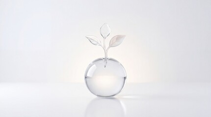 Fototapeta premium Elegant minimalist conceptual image of a translucent glass sprout growing from a clear crystal sphere, representing business growth, sustainable innovation, and core environmental metaphors.