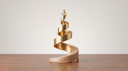 Fototapeta premium Abstract conceptual golden spiral representing financial growth, sustainable investment, and banking success, featuring a metallic ribbon winding upward into a sprout on a wooden desk surface.