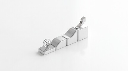 Fototapeta premium Conceptual 3D render representing business growth and evolution stages with silver metallic symbols on white blocks showing a transition from an initial idea to final success and progress.