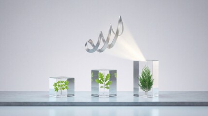 Fototapeta premium Conceptual 3D Illustration Representing Growth and Environmental Conservation with Green Leaves and Pine Tree Inside Transparent Glass Cubes Under a Symbolic Floating Metallic Spiral and Light
