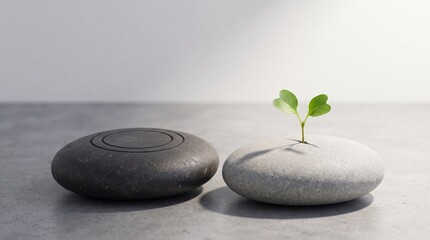 Fototapeta premium Minimalist Conceptual Image of a Small Green Sprout Growing from a Crack in a Smooth White Stone Beside a Black Pebble, Representing Resilience, New Life, Hope, and Sustainable Growth Concept