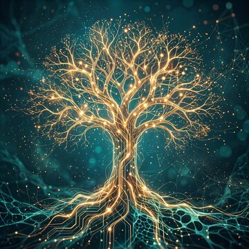 Glowing digital tree of life with neural network branches and data connection nodes