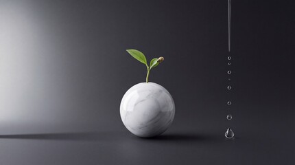 Fototapeta premium Small Green Plant Sprout Growing from a Polished White Marble Sphere with Water Droplets Falling Nearby on a Dark Minimalist Background, Representing Growth, Core Concepts, and Sustainability