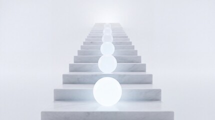 Fototapeta premium Conceptual 3D illustration of a white marble staircase with glowing spheres representing progress, career growth, spiritual enlightenment, and reaching a core goal or success destination.