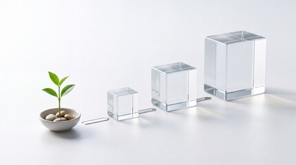 Fototapeta premium Minimalist business growth concept and metaphorical representation of scaling assets, showing a small green plant and transparent glass cubes of increasing size on a clean white background.