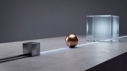 Fototapeta premium 3D Abstract Conceptual Still Life with Metallic Cube, Copper Sphere, and Large Glass Cube Connected by a Glowing Blue Laser Line Representing Data Flow, Industrial Bulk, and Modern Technology