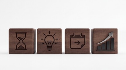 Fototapeta premium Conceptual Business Strategy Represented by Four Wooden Blocks with Hourglass, Lightbulb, Calendar, and Growth Graph Icons for Time Management, Innovation, Planning, and Financial Success