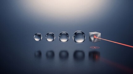 Fototapeta premium Abstract conceptual 3D illustration representing transformation and precision with a row of clear glass spheres and a metallic cube hit by a red laser beam on a dark blue reflective surface.