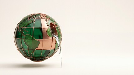 Fototapeta premium Conceptual 3D Illustration of Fresh Water Pouring Out from a Stylized Copper Globe, Representing Global Resource Depletion, Environmental Scarcity Metaphor, and the Urgent Need for Sustainability.
