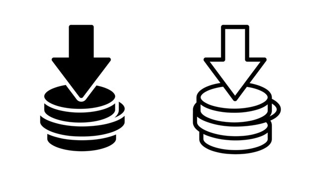 Financial coin stack icon with downward arrow symbol for economy