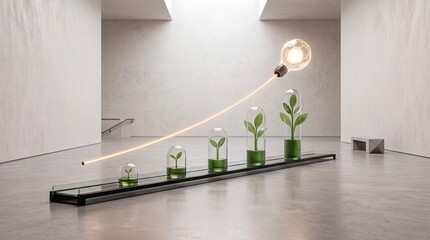 Fototapeta premium Metaphorical Concept of Business Growth and Sustainable Innovation Featuring Green Plants Growing in Glass Domes with a Glowing Light Bulb Moving Upwards on a Rising Trajectory in a Modern Room