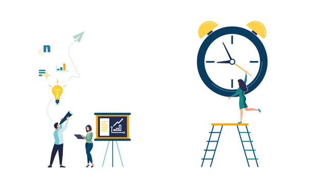 Office worker with binoculars and businesswoman with laptop at stand analyze financial market, business, people. Girl puts out a watch at nine o'clock for work. Flat design Vector illustration