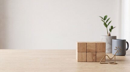 Fototapeta premium Minimalist Workspace Scene with Wooden Blocks, Potted Plant, and Coffee Mug on a Desk with Large Negative Space on the Left for Text Placement, Clean Professional Interior Background