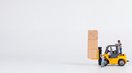 Fototapeta premium Miniature Forklift Lifting Stacked Wooden Blocks with Tiny Worker Figures on Plain White Background, Featuring Large Negative Space for Logistics and Business Concept Copy
