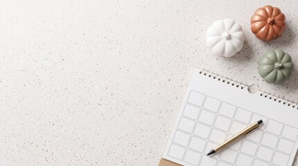 Fototapeta premium Minimalist Autumn Planning Still Life with Blank Monthly Calendar Planner, Gold Pen, and Decorative Pumpkins on White Granite Surface with Large Negative Space on Left for Text