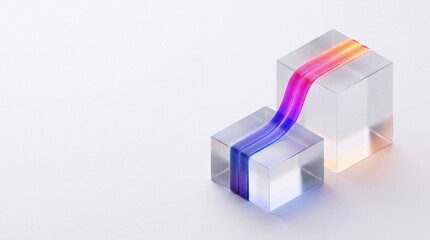 Fototapeta premium Abstract 3D rendering of glowing neon light path flowing across transparent glass cubes on white background with large negative space for text, conceptualizing data connectivity and growth.