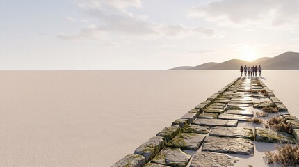 Fototapeta premium A group of diverse people walking together on a long stone path towards a bright horizon and mountains at sunset with a vast minimalist landscape and negative space on the left side for text