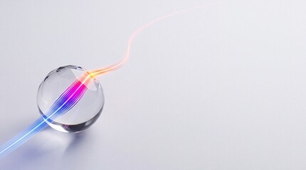 Fototapeta premium Abstract Transparent Crystal Sphere with Colorful Glowing Light Beams Passing Through and Large Negative Space on the Right for Copy Space, Concept of Fiber Optics and Future Technology