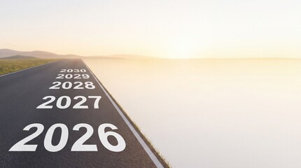 Fototapeta premium Future Vision and Strategic Progress Concept with Road Leading to Sunset and Years 2026 to 2030 Painted on Asphalt with Wide Negative Space on the Right for Text and Copy Space Design Elements