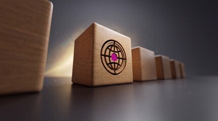 Fototapeta premium Conceptual Image of Wooden Cubes in a Row with Selective Focus on One Block Displaying a Global Target Icon, Representing Strategic International Business Goals and Precision Marketing Success