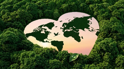 Fototapeta premium Aerial conceptual view of a dense green forest with a heart-shaped opening featuring a world map silhouette against a warm sunset sky, representing environmental protection and global sustainability.