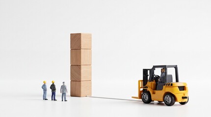 Fototapeta premium Miniature Workers and a Yellow Forklift Stacking Four Wooden Blocks on a Clean White Background, Highlighting Concepts of Logistics, Teamwork, Industrial Growth, and Strategic Planning