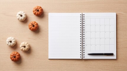 Fototapeta premium Top View of an Open Spiral Notebook with Monthly Planner Grid and Lined Page, Accompanied by a Black Pen and Small Decorative Pumpkins on a Light Wooden Desk Surface, Autumn Planning Concept