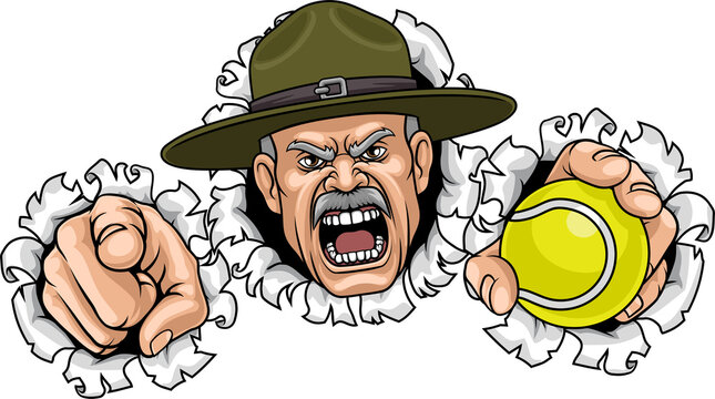 An angry drill instructor or sergeant bootcamp army soldier cartoon character holding tennis ball and pointing sports team mascot illustration.