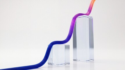 Fototapeta premium Abstract 3D Render of Colorful Gradient Data Line Flowing Over Transparent Glass Pedestals on White Background, Representing Growth, Connectivity, and Modern Technological Perspective Shift