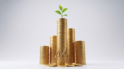 Fototapeta premium A conceptual visual of financial growth featuring multiple stacks of gold coins with a green seedling growing from the tallest pile and golden roots at the base on a clean white background.