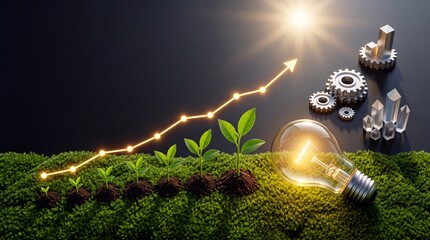 Fototapeta premium Sustainable Business Growth Concept with Glowing Light Bulb Saplings Increasing in Size and Upward Financial Arrow Representing Green Energy Innovation and Economic Success on Mossy Background