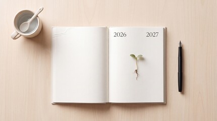 Fototapeta premium Top view of an open notebook on a wooden desk featuring a small green sprout, a fountain pen, and a cup, with the years 2026 and 2027 printed on the page, representing future goals and growth.