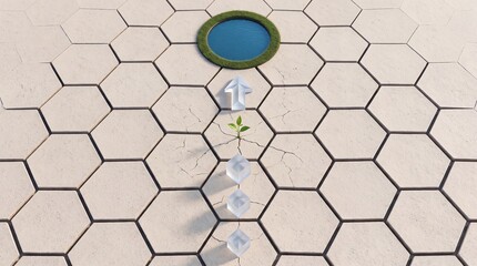 Fototapeta premium Conceptual 3D illustration featuring a small green plant sprout growing from cracked hexagonal tiles, with crystal blocks and an arrow pointing toward a circular water oasis and green grass.
