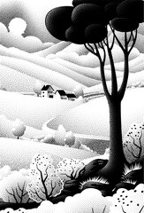 Naklejka premium Fields rolling hills and mountains farm landscape background illustration with countryside mountains, sunrise sun, clouds and trees. Original rural background drawing in vintage pointillism dot style