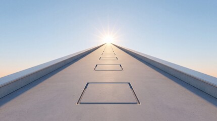 Fototapeta premium Dramatic perspective view of a long concrete bridge walkway with square patterns leading towards a bright glowing sun at the horizon under a clear sky, symbol of hope, goal, and future success.