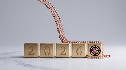 Fototapeta premium Business Goals and Achievement Concept for 2026 with Gold Cubes Showing the Year and a Bullseye Target Icon with Pink Gem on Marble Background with Elegant Rose Gold Chains