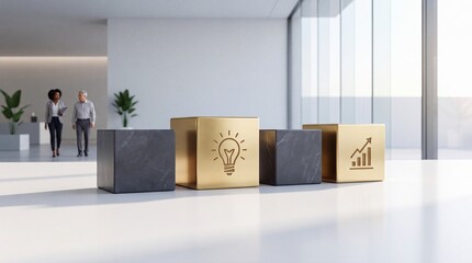 Fototapeta premium High-end premium commercial upgrade concept with golden and marble cubes featuring innovation lightbulb and growth graph icons in a modern bright corporate office background