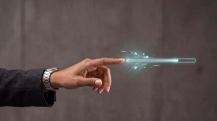 Fototapeta premium Businessman hand touching a futuristic glowing digital progress bar interface on a virtual screen, representing a premium system upgrade, bulk commercial transaction, or financial data processing.