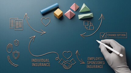 Fototapeta premium Conceptual illustration of choosing between individual insurance and employer-sponsored insurance plans, featuring a hand selecting a premium upgrade option for commercial health coverage.