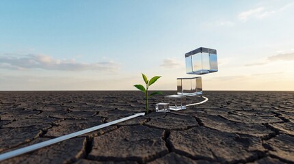 Fototapeta premium Conceptual 3D illustration of a green sprout growing in cracked desert earth with floating glass cubes and an arrow, symbolizing premium commercial business growth, resilience, and bulk upgrade.