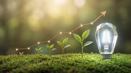 Fototapeta premium Sustainable business growth and innovation concept with green seedlings growing alongside a rising financial graph and a glowing light bulb representing creative energy and success