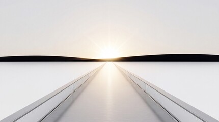 Fototapeta premium Minimalist futuristic metallic bridge pathway leading towards a bright rising sun on the horizon, representing a premium commercial upgrade, success, vision, and progress for business.