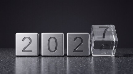 Fototapeta premium New Year 2027 Transition Concept with Brushed Metal and Transparent Glass Cubes Showing Year Change from 2026 to 2027 on Elegant Dark Background for Business Growth and Future Planning