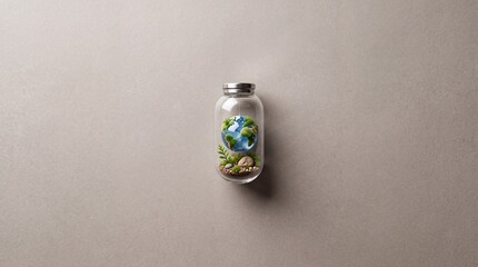 Fototapeta premium Conceptual top down overhead view of a small miniature Earth globe inside a glass jar with moss and plants on a neutral textured background, symbolizing environmental conservation