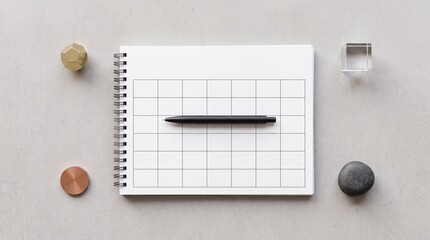 Fototapeta premium Top down overhead view of a minimalist spiral notebook with a blank grid planner and a black pen on a grey concrete background surrounded by decorative geometric objects for organization