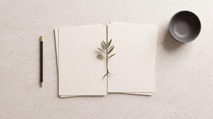 Fototapeta premium Minimalist top down overhead view of blank white paper pages with a small green plant sprig, a black pencil, and a dark ceramic bowl on a light speckled stone surface for creative mockup designs.