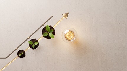 Fototapeta premium Conceptual top-down view of green plants growing along an ascending arrow line next to a glowing lightbulb, symbolizing sustainable business growth, eco-friendly innovation, and creative success.
